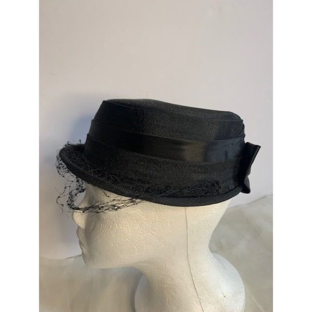Vintage Black Hat with Satin Band w/Bow 22 inch - Picture 4 of 12